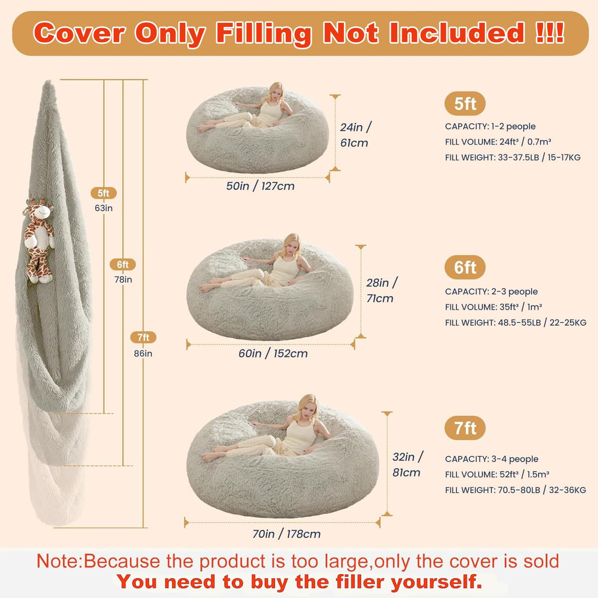 ODreamyDogs 5ft round bean bag cover offers spacious, cozy seating for all ages