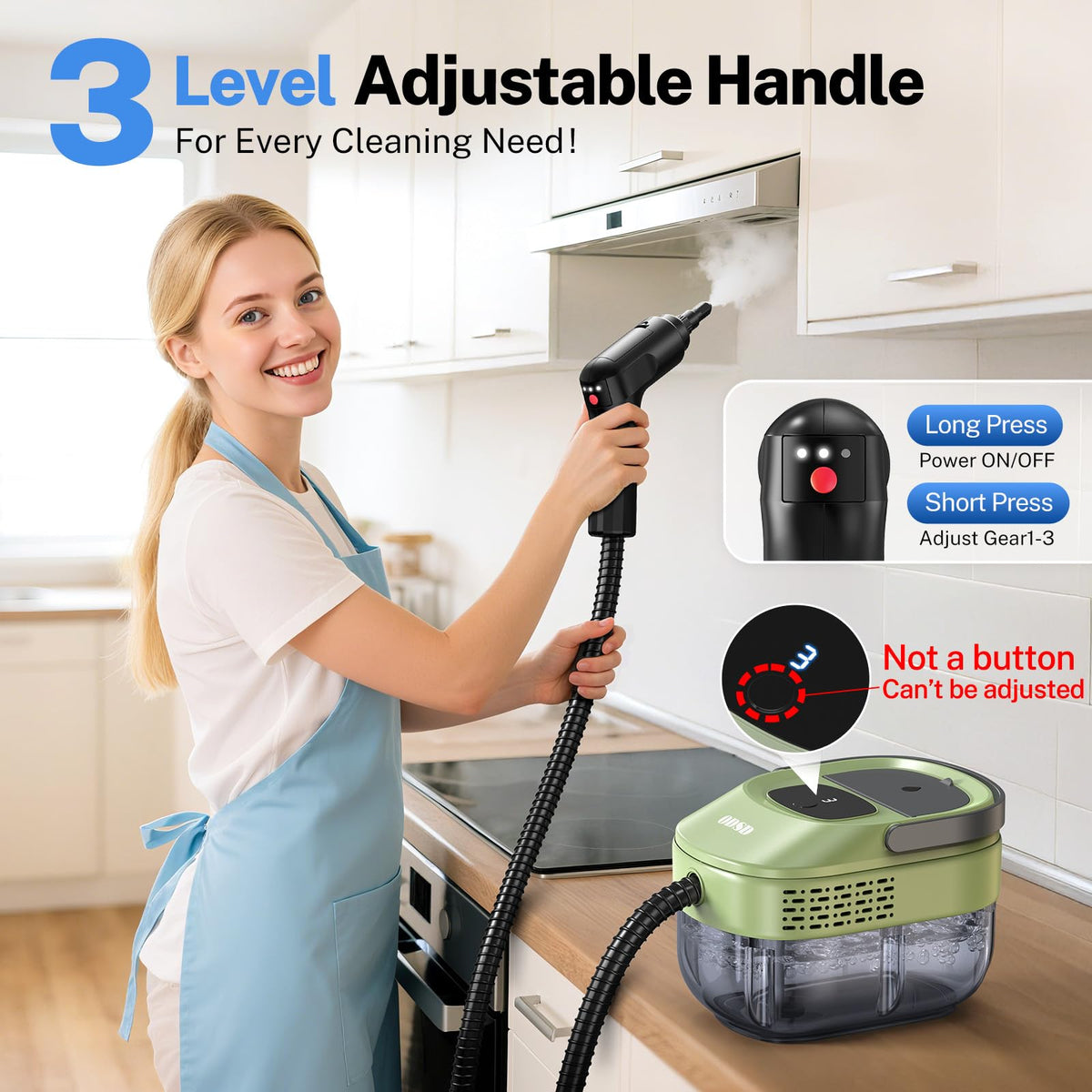 ODSD steam cleaner heats up in 15 seconds for fast chores.