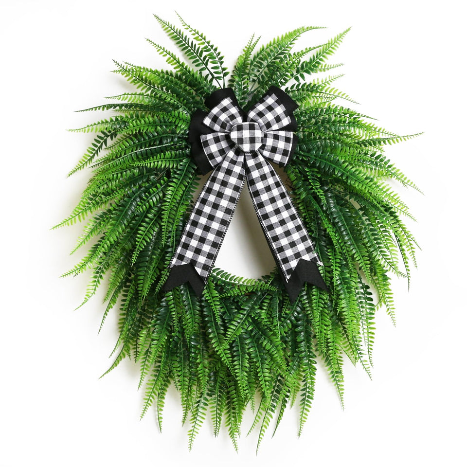 OEOPIUR Boston Fern wreath on front door enhances curb appeal with lush greenery