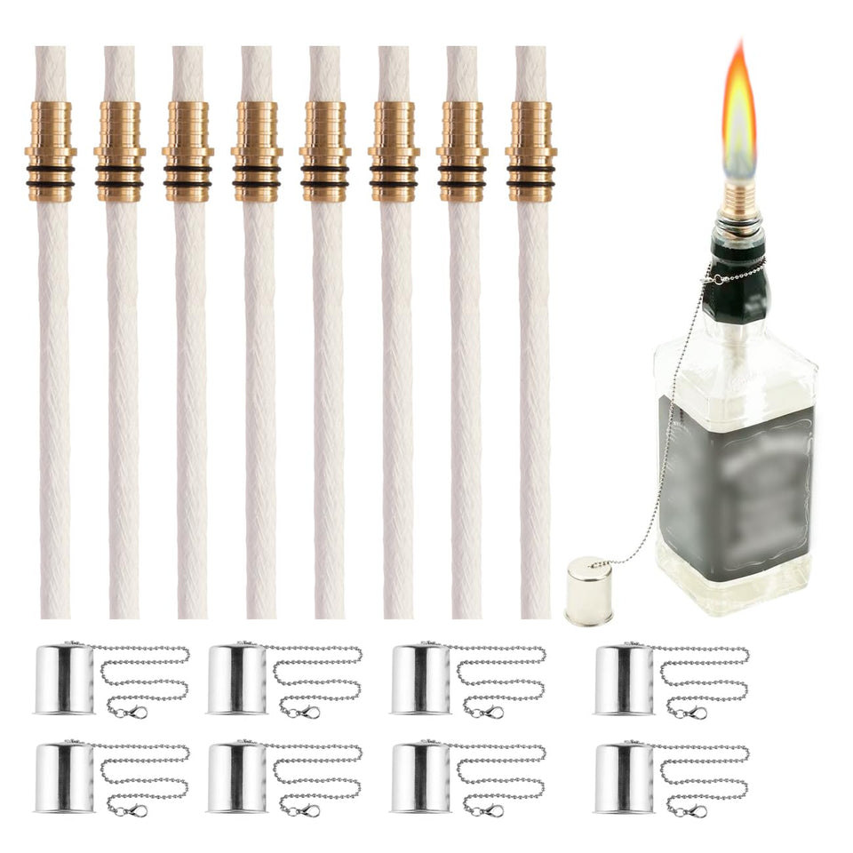 OEXEO wine bottle torch kit with 8 wicks provides ambient outdoor lighting and easy assembly.