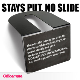 Officemate bookends show padded non-slip foam base to prevent slips