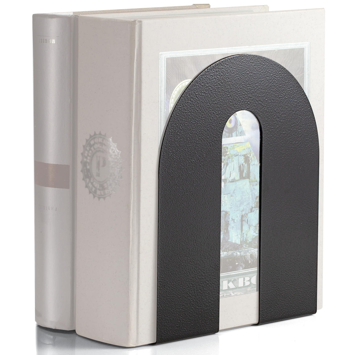 Officemate heavy weighted bookends stabilize books and media on a shelf.