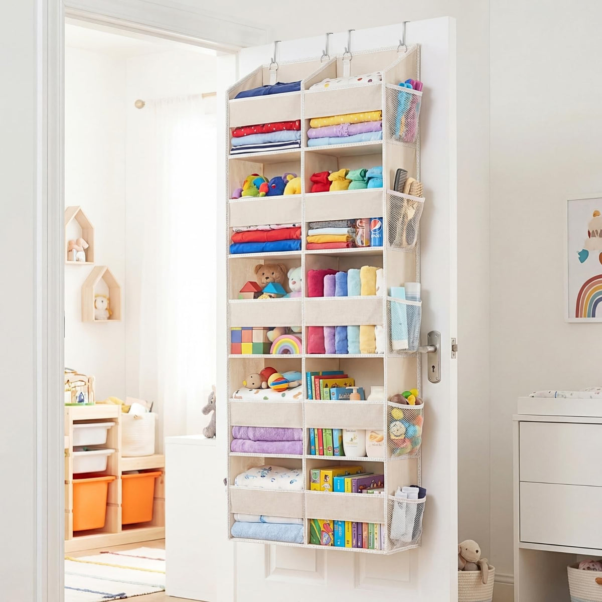 Ofiray-home nursery setup demonstrating versatile door storage in a bedroom