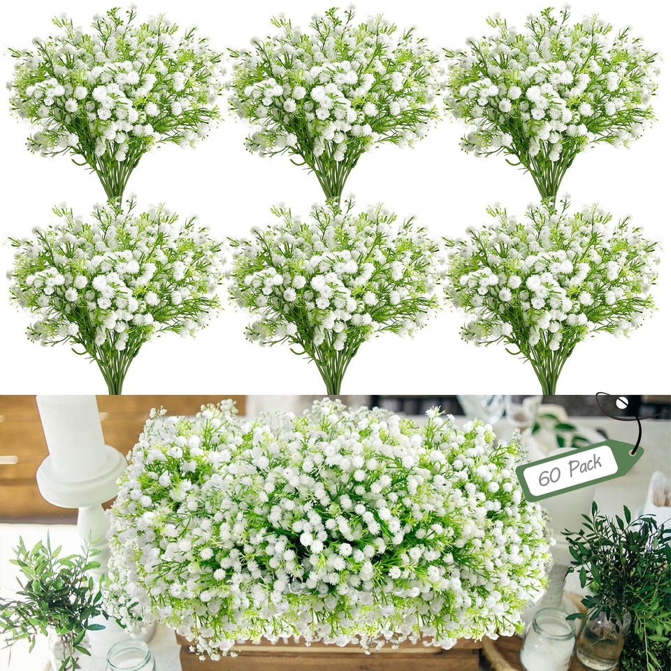 Ofrence white baby's breath artificial flowers with 13.6-inch stems for airy centerpieces.