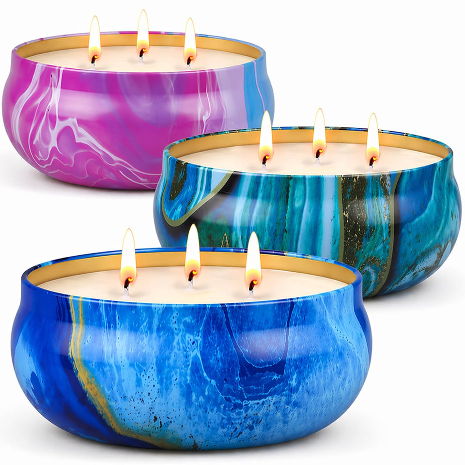 OFUN 55oz citronella three-wick candle on display for outdoor evenings to deter insects