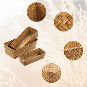 OGANAZI 3 natural wicker basket close-up seagrass texture highlights durability.
