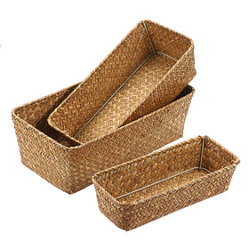 OGANAZI 3 natural wicker basket small on shelf for remote control organization.