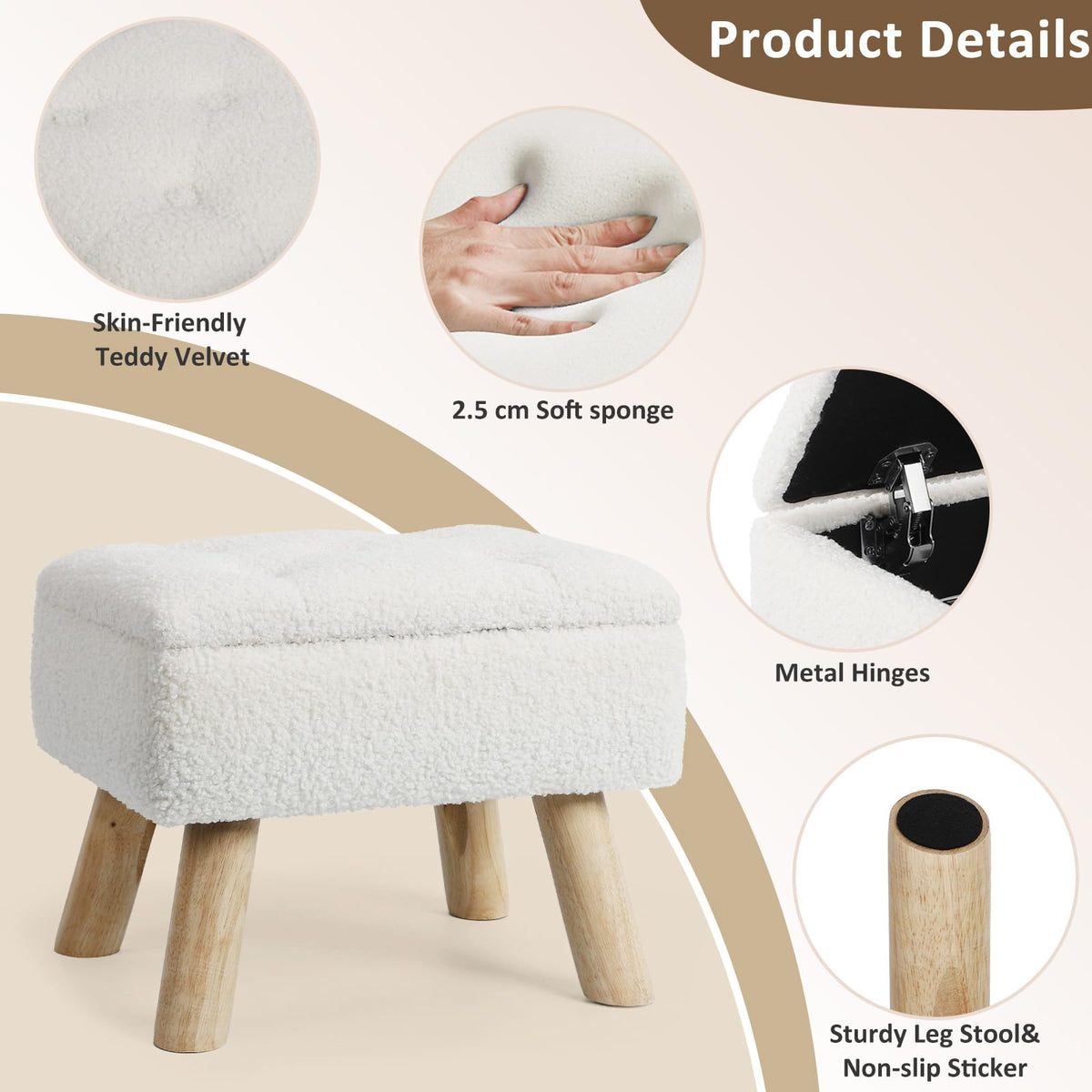 OGEMXU ottoman wood legs cream rectangular complements small spaces while remaining sturdy