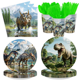 OGHBPPOU Dino World plates for 24 guests, sturdy and vibrant for a festive prehistoric feast.