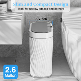 Ogikey 2.6 gallon narrow trash bin suitable for tight spaces in bathroom or kitchen.