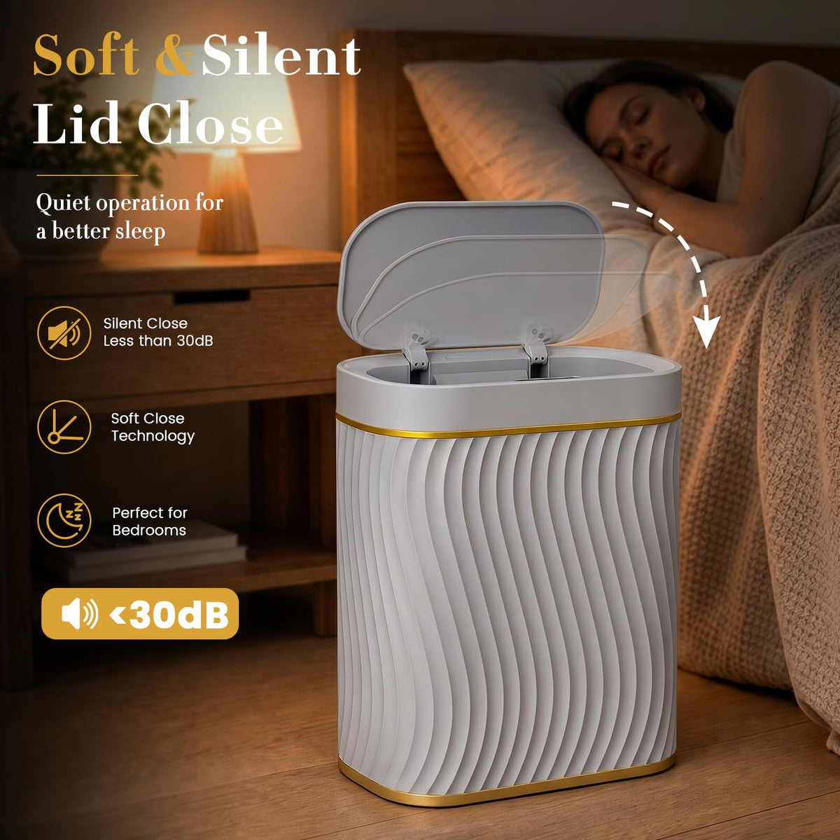 Ogikey bathroom trash can positioned in a bedroom for space efficiency.