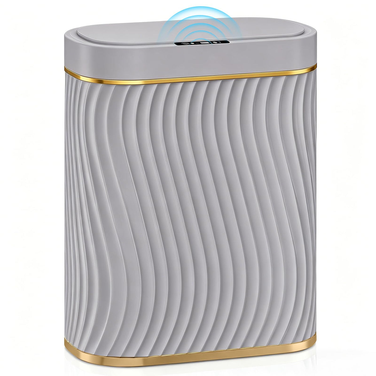 Ogikey touchless bathroom trash can lid opens for hands-free disposal.