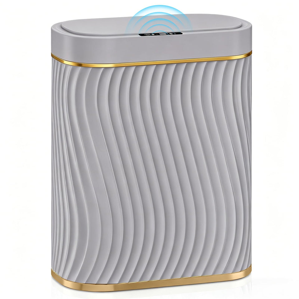 Ogikey touchless bathroom trash can lid opens for hands-free disposal.