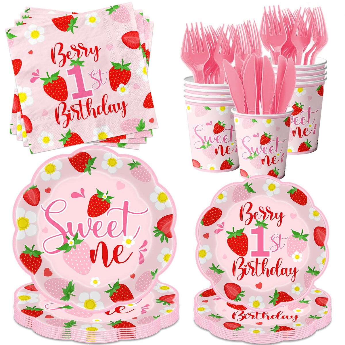 OGMOGKW Berry first birthday plates 9-inch with strawberry motif for a themed girl party