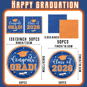 OGMOGKW graduation napkins orange and blue, match plates for cohesive table styling.