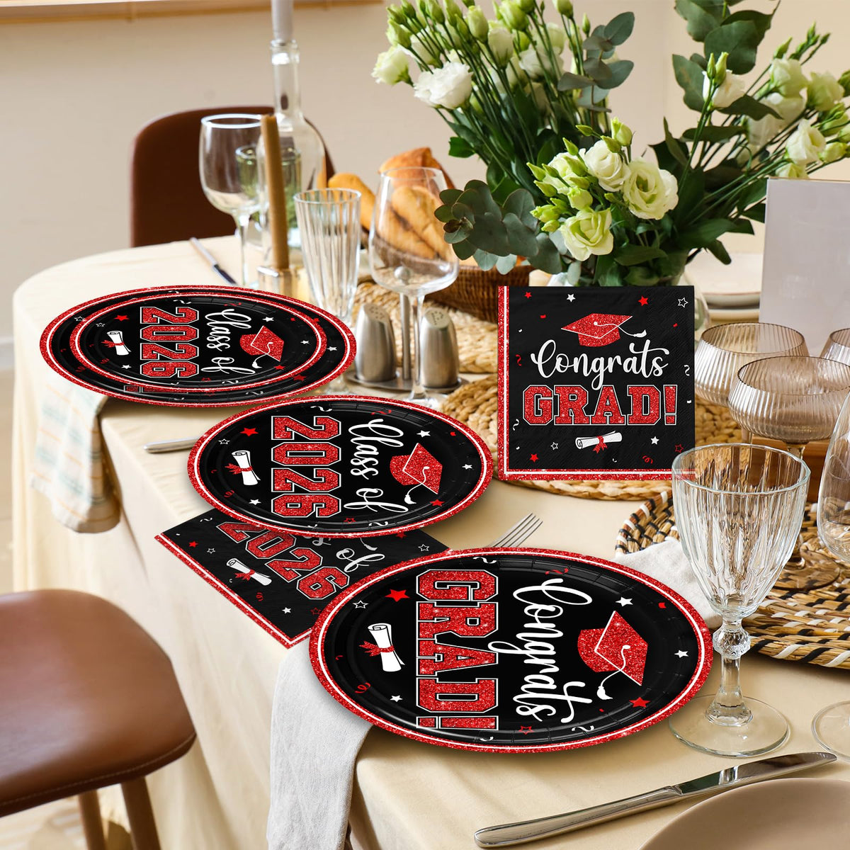 OGMOGKW graduation napkins red reinforce color coordination and quick cleanups.