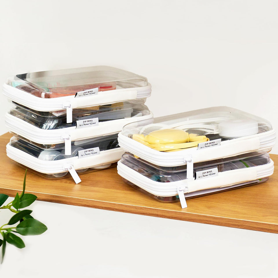 Ohana Home Clear Zipper Pouches with a stackable design for easy organization.