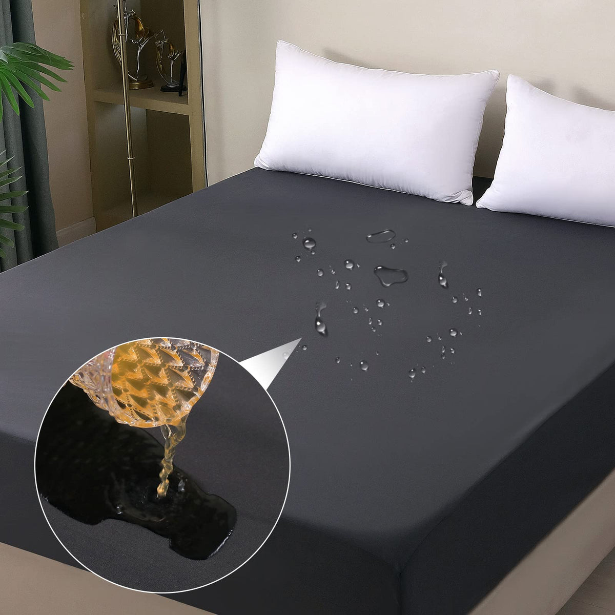 Ohano waterproof mattress protector top view showing snug queen fit and spill protection.