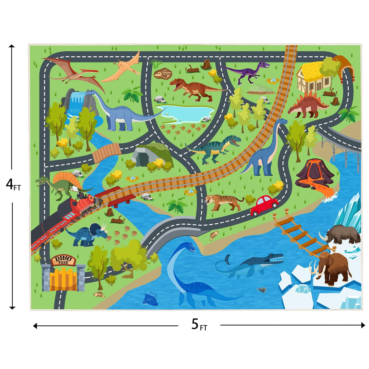 OHDS Dino park cartoon rug for classrooms enhances learning and fun.