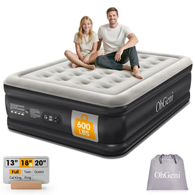 OhGeni air mattress with built-in pump for quick, effortless inflation and firm support.