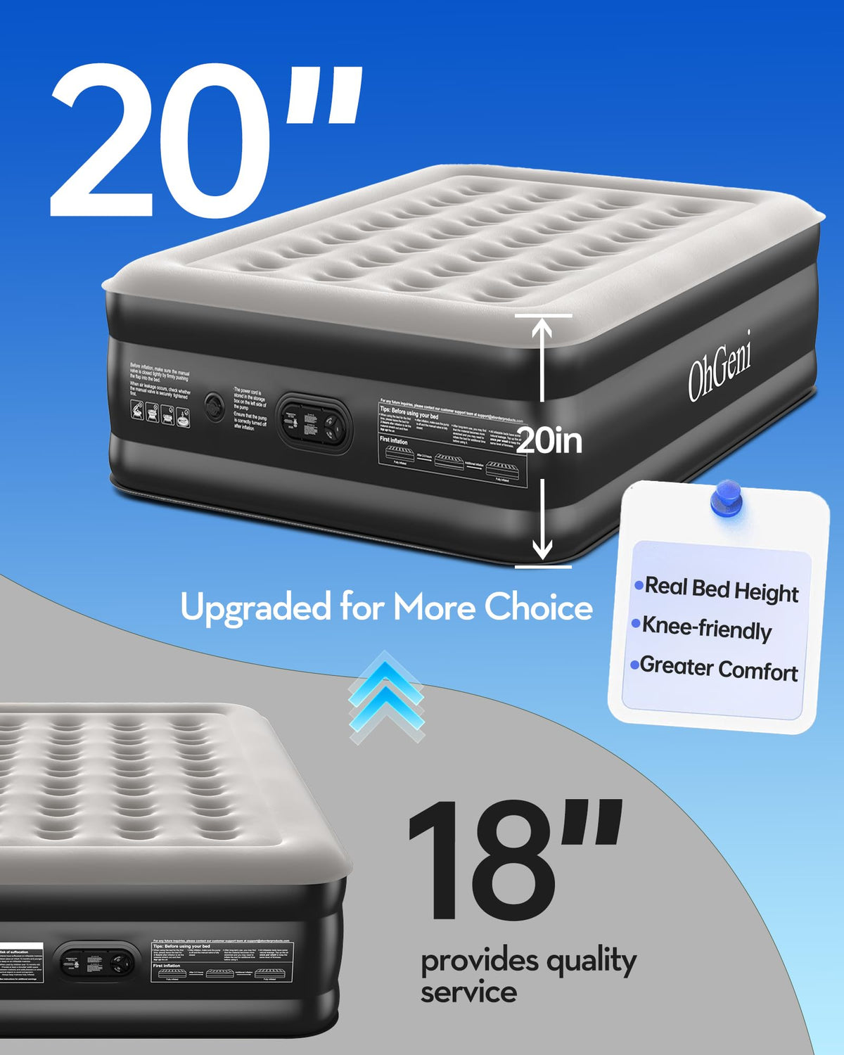OhGeni air mattress full size 75x54x20 for spacious sleeping space.