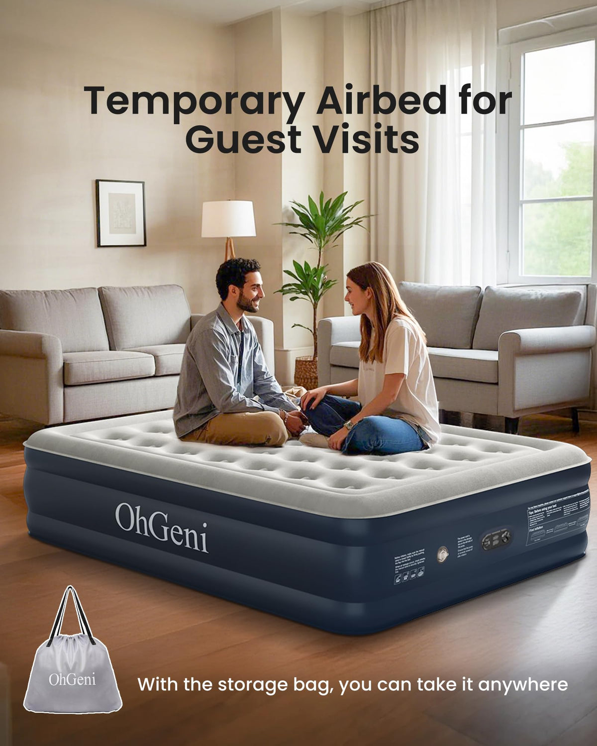 OhGeni Air Mattress Queen is 18 inches tall for elevated sleeping