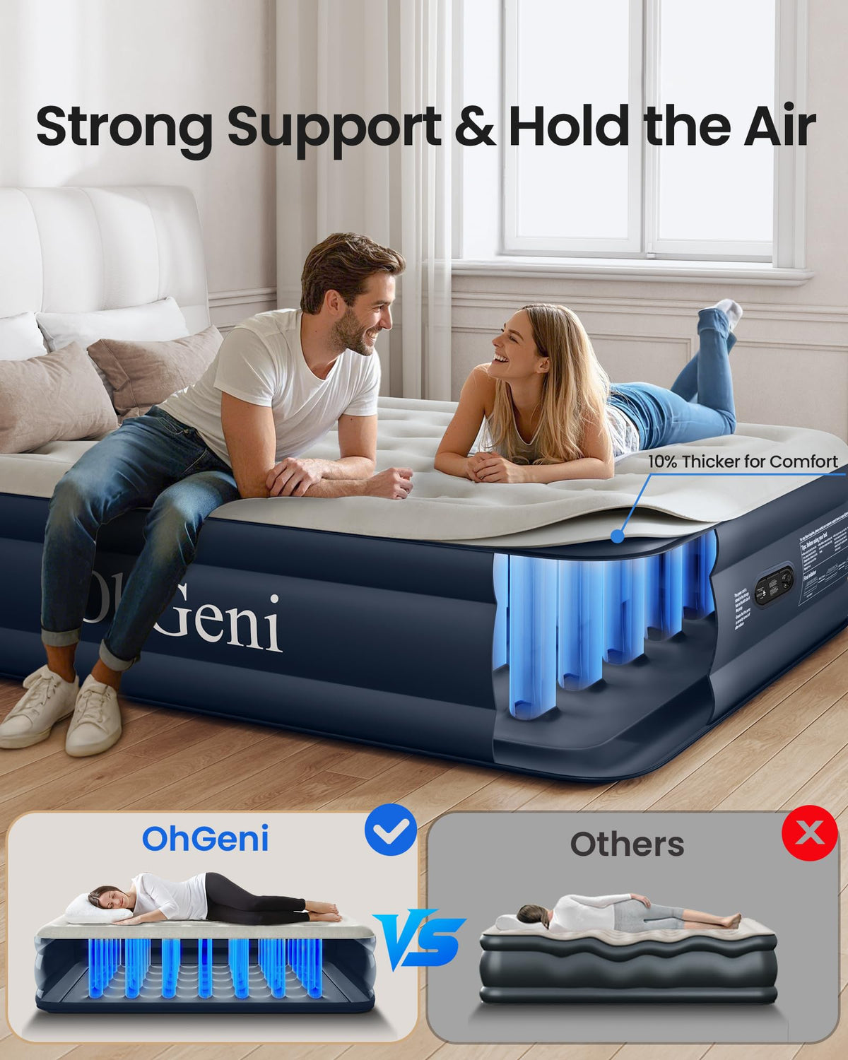 OhGeni Air Mattress Queen supports up to 650 lbs for durable use