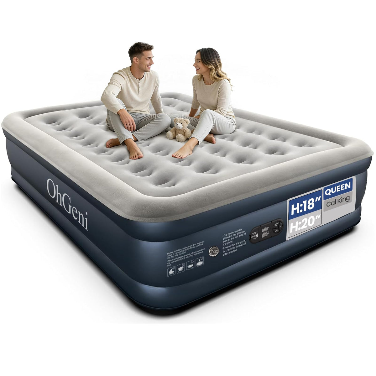 OhGeni Air Mattress Queen with built-in pump for quick guest setup