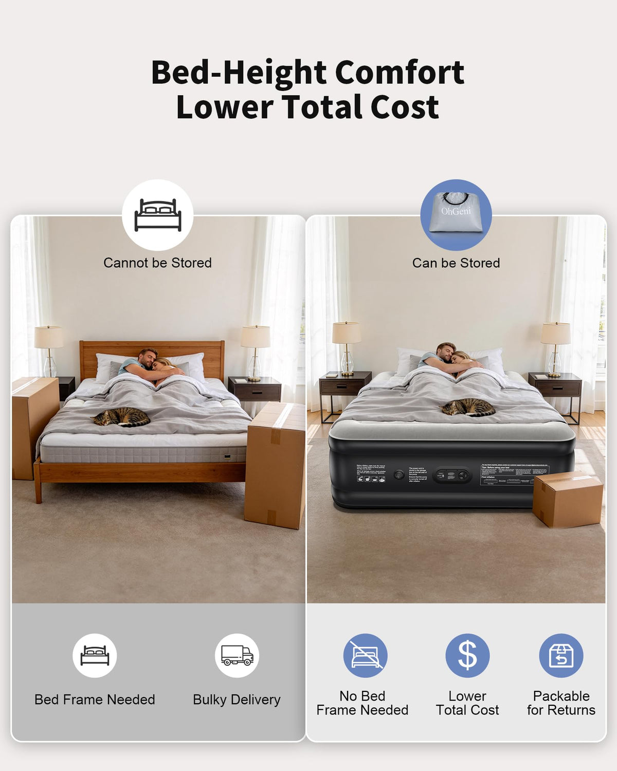OhGeni air mattress queen used in camping setup with compact carry bag.