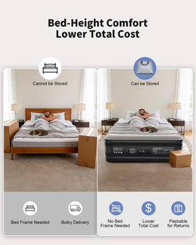 OhGeni air mattress queen used in camping setup with compact carry bag.