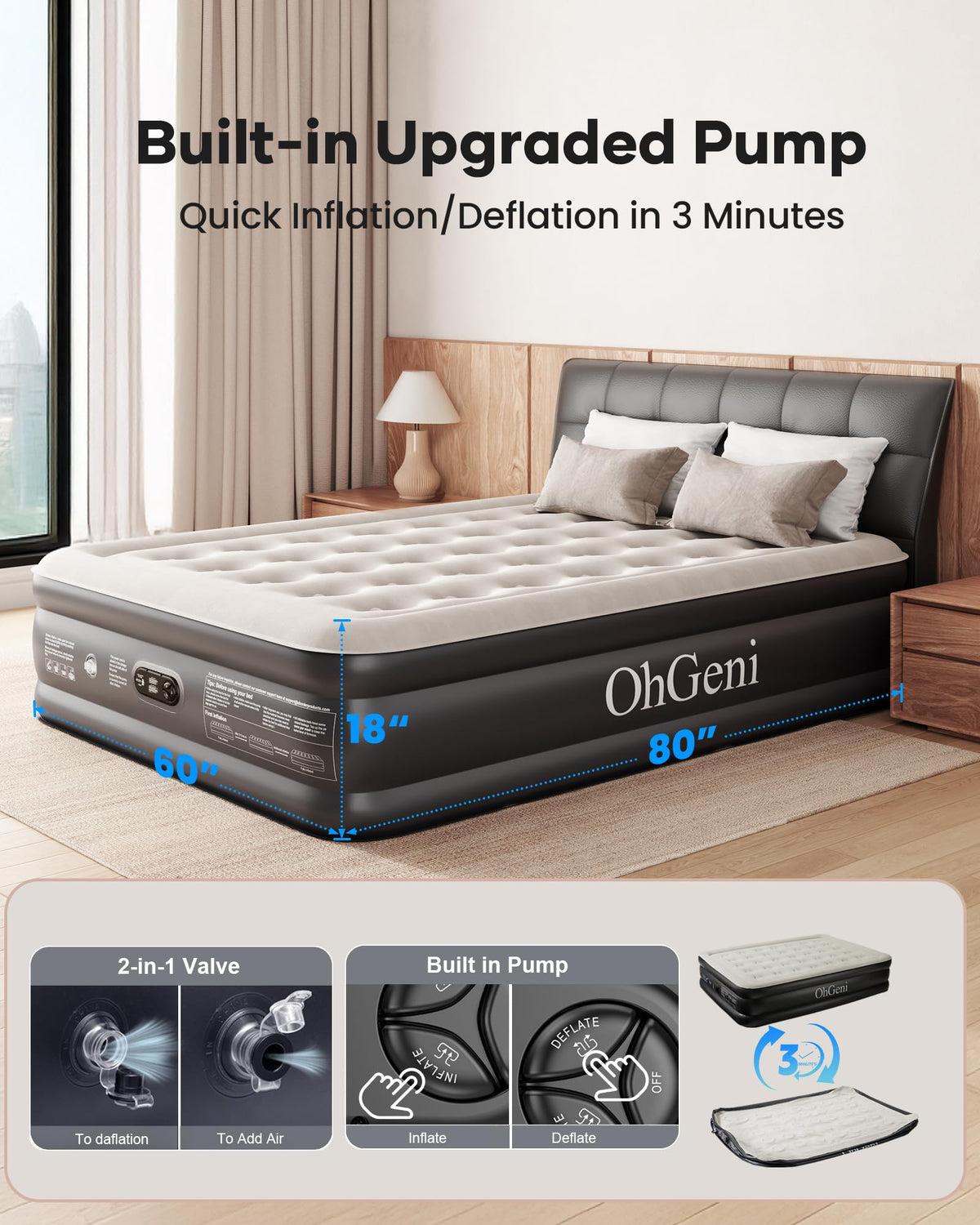OhGeni air mattress queen in a home guest room ready for visitors.