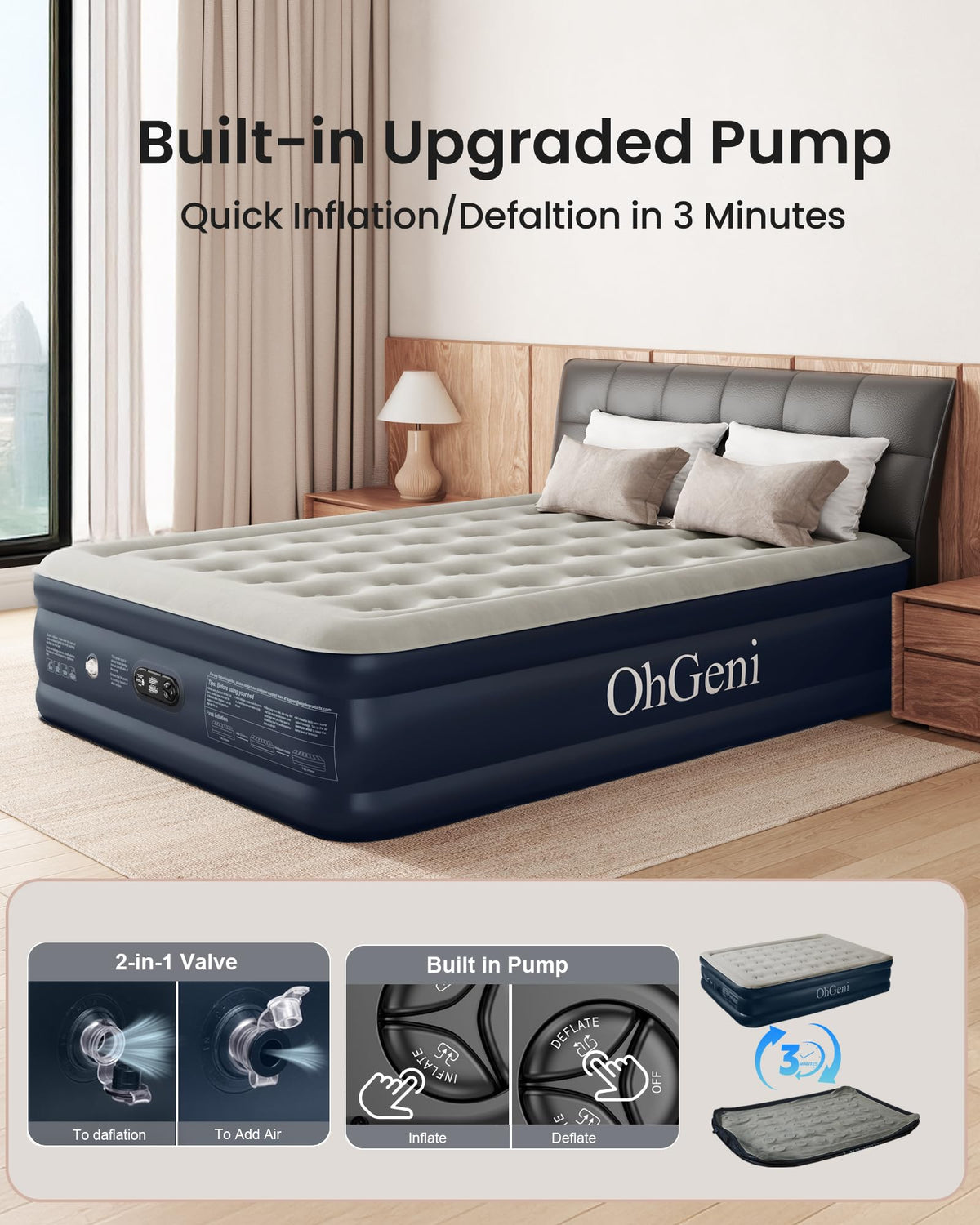 OhGeni Air Mattress Queen with quick inflation for fast sleep