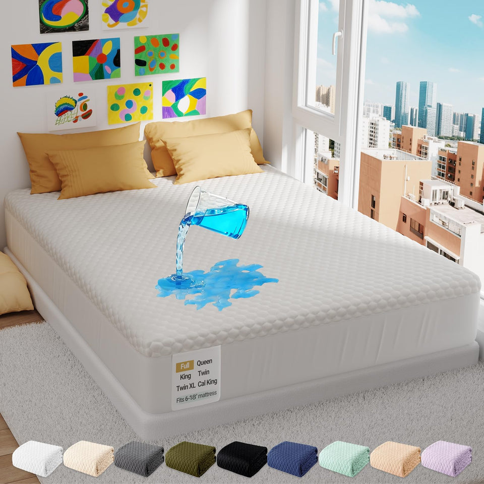 OhGeni mattress protector with a soft top shielding against spills and stains.