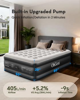 OhGeni full-size 80 by 60 inch mattress fits standard bedding.