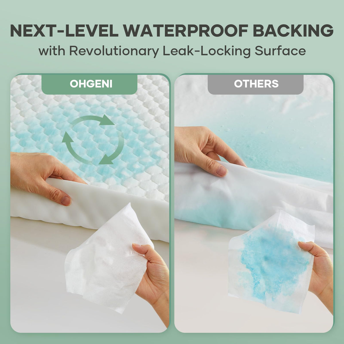 OhGeni stretchable-pocket fitted sheet design for a secure, wrinkle-free mattress fit.