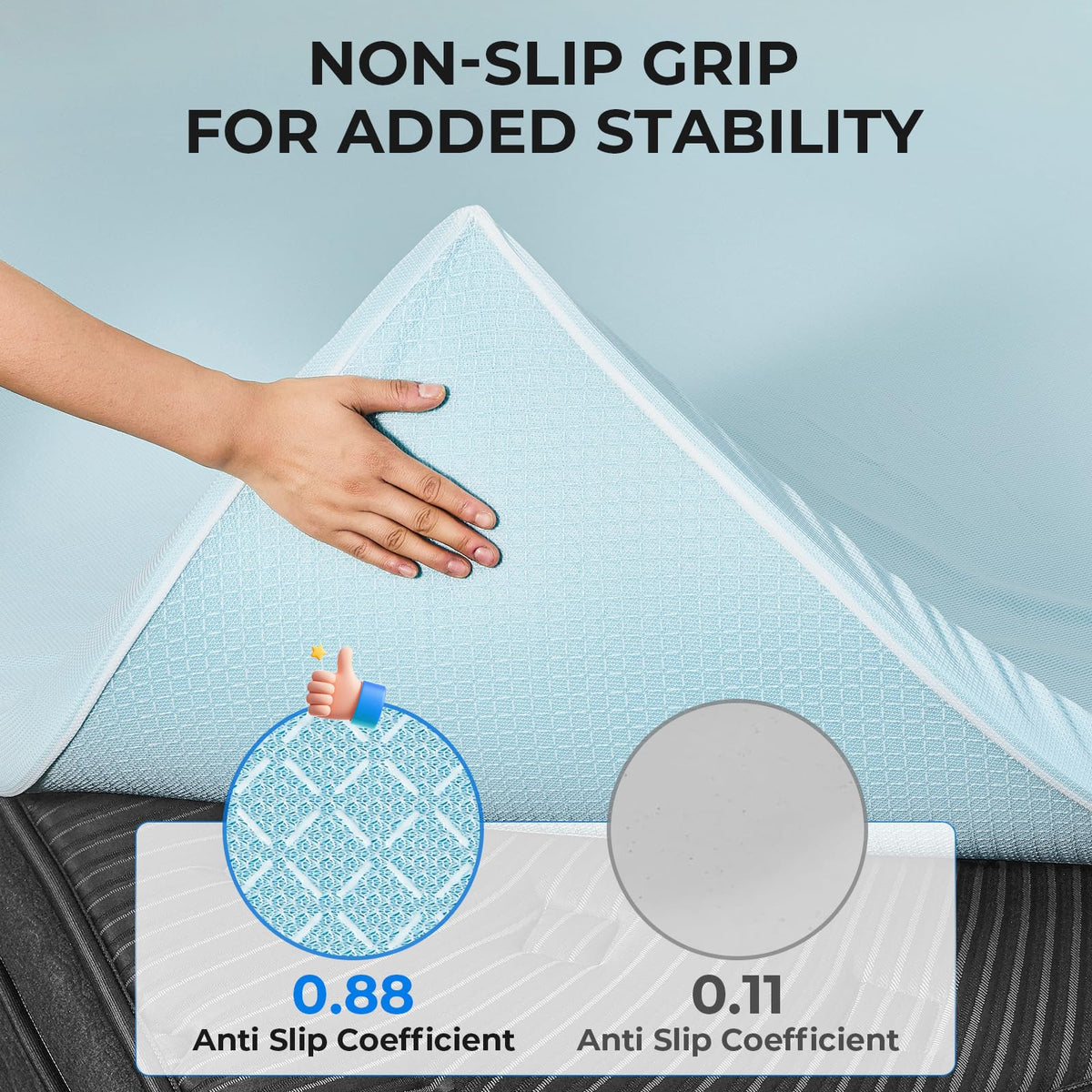 OhGeni topper anti-slip base keeps topper secured on the mattress