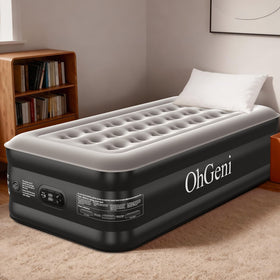 OhGeni Twin Air Mattress with built-in pump inflates quickly for guests.