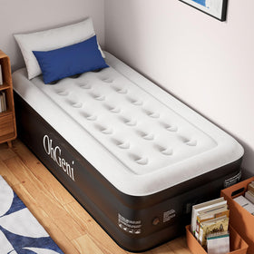 OhGeni twin air mattress with built-in pump inflates quickly for guests.