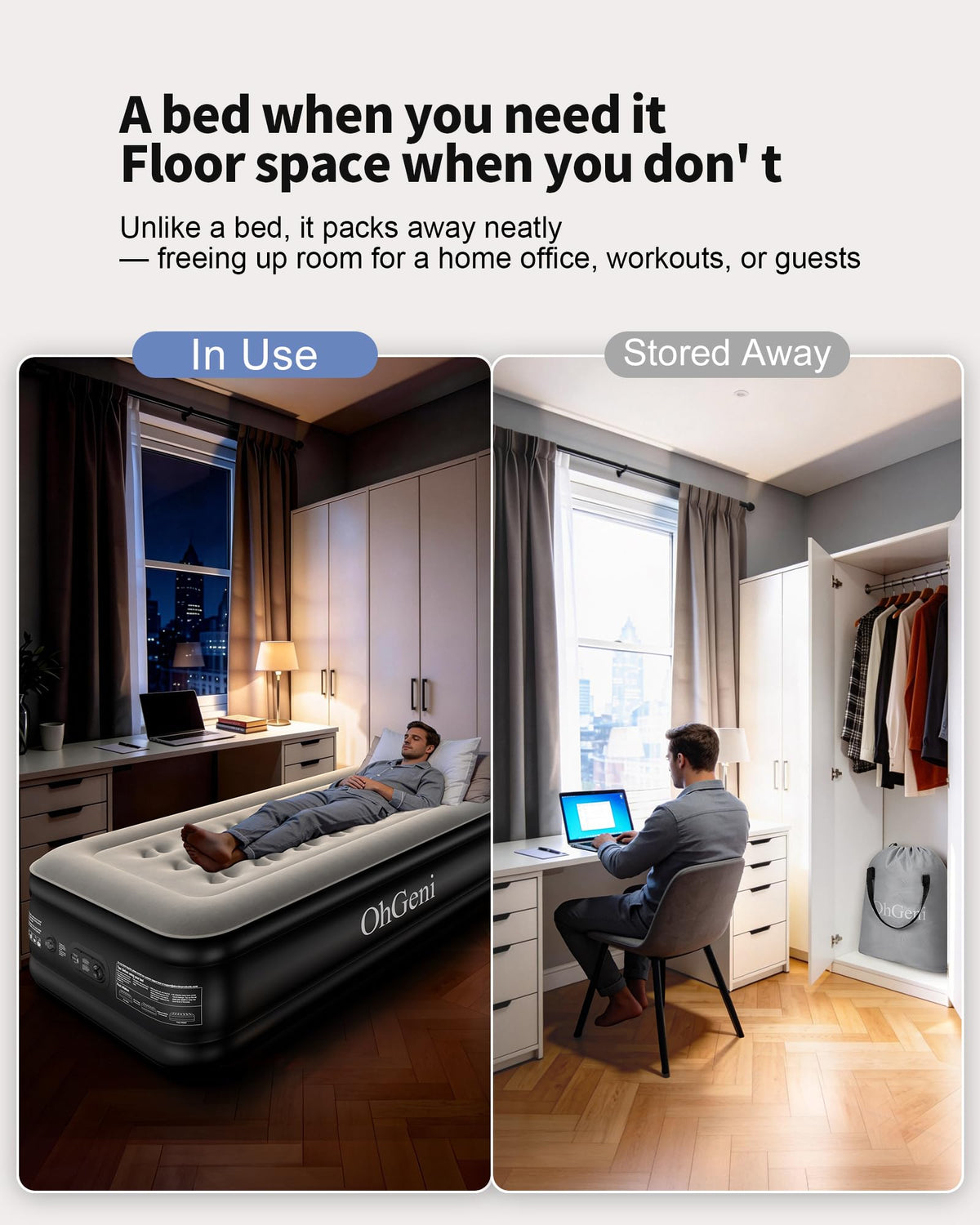 OhGeni twin air mattress at 20-inch height enables easier, back-friendly access.