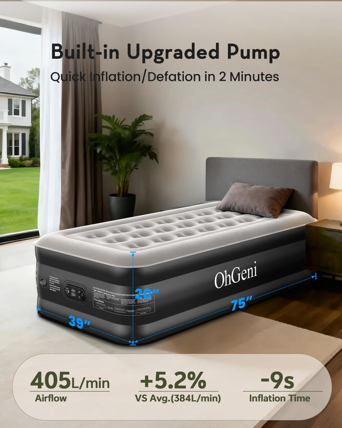 OhGeni bed features quiet non-slip base for stable overnight use.