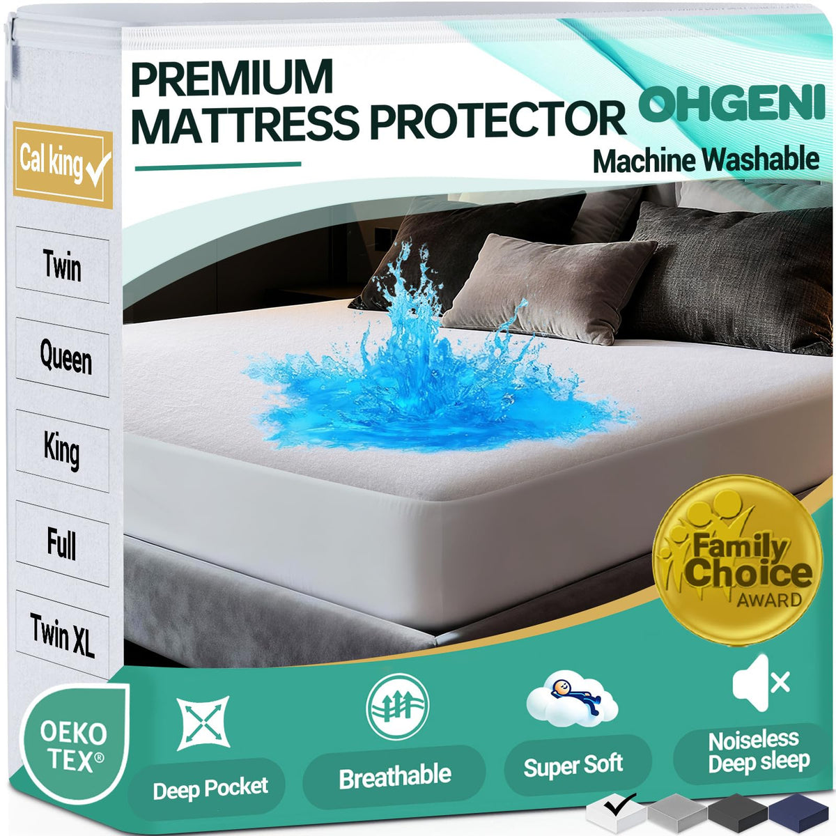 OhGeni waterproof mattress protector for California King fits snugly and guards against spills.