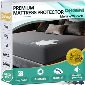 OhGeni waterproof mattress protector on a queen bed with deep-pocket fit.