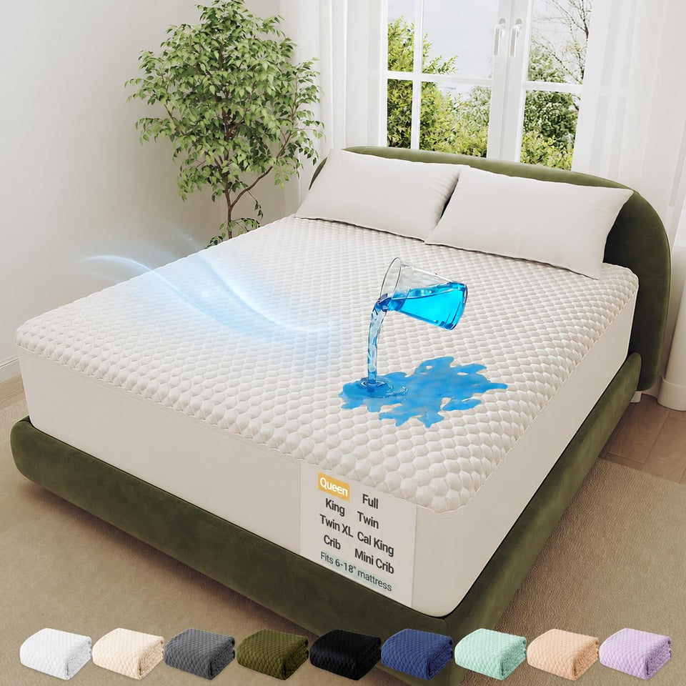 OhGeni waterproof queen mattress protector with multi-layer shield keeps your bed dry.