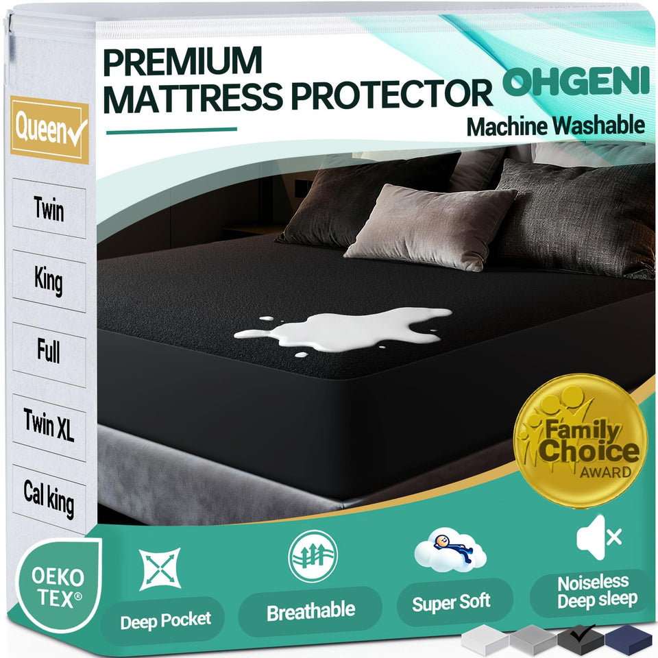 OhGeni waterproof mattress protector - queen size guards against spills while preserving comfort.