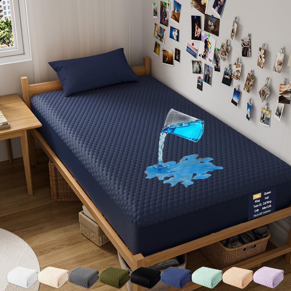 OhGeni waterproof mattress protector on a twin bed with navy blue cover for dry mornings.