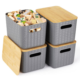 Ohmlove bamboo lid stackable gray bin on a shelf for tidy storage.