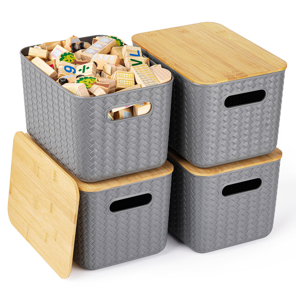 Ohmlove bamboo lid stackable gray bin on a shelf for tidy storage.