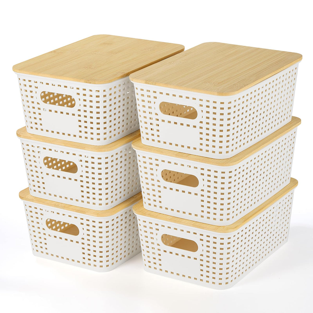 Ohmlove bamboo lid storage basket on a shelf for tidy kitchen storage