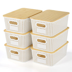 Ohmlove bamboo lid storage basket on a shelf for tidy kitchen storage