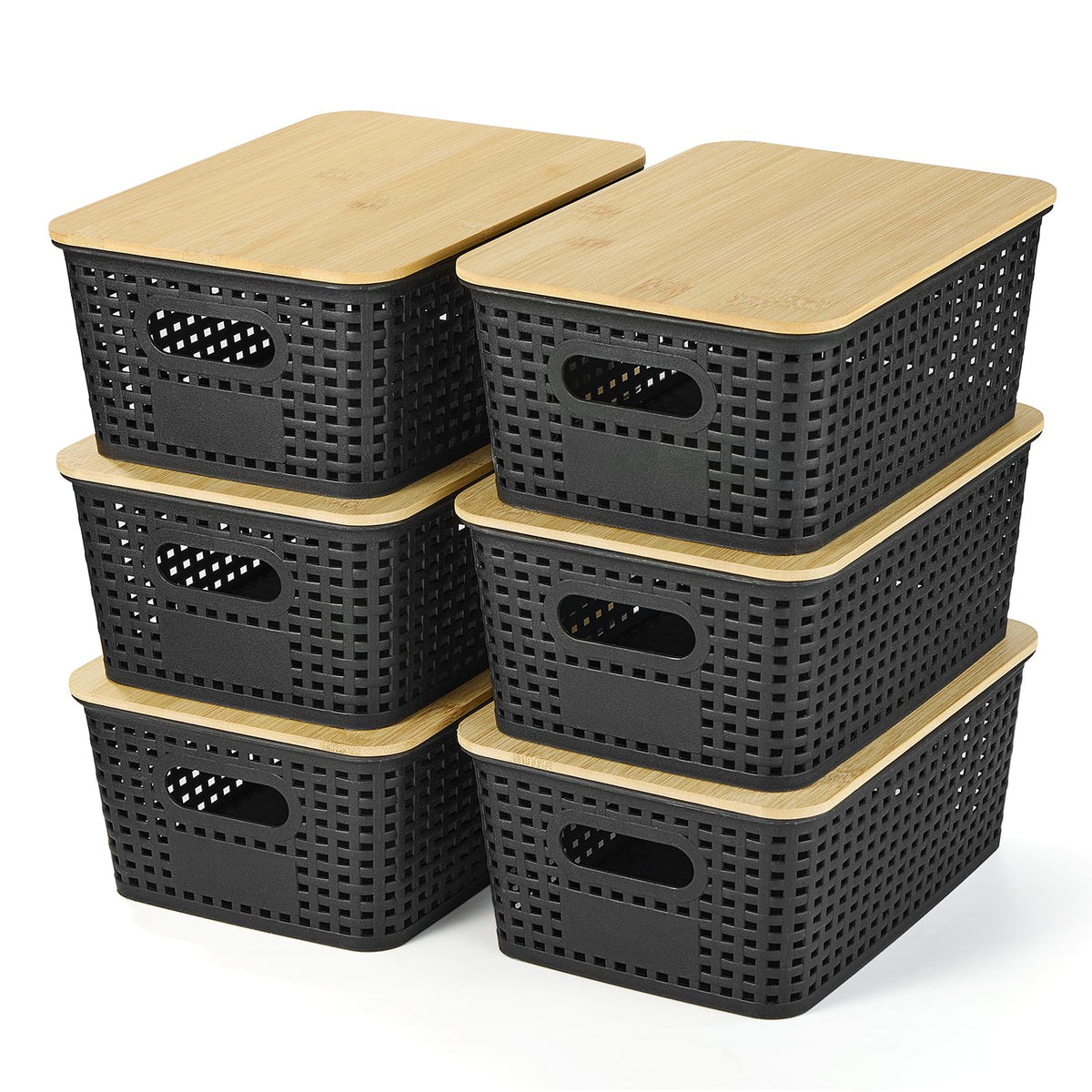 Ohmlove bamboo-lid storage basket front view showing sturdy organization on a shelf